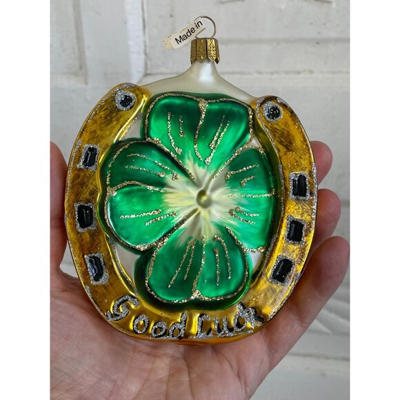 Vintage German Good Luck Horseshoe Ornament With Shamrock - Picture 7 of 8